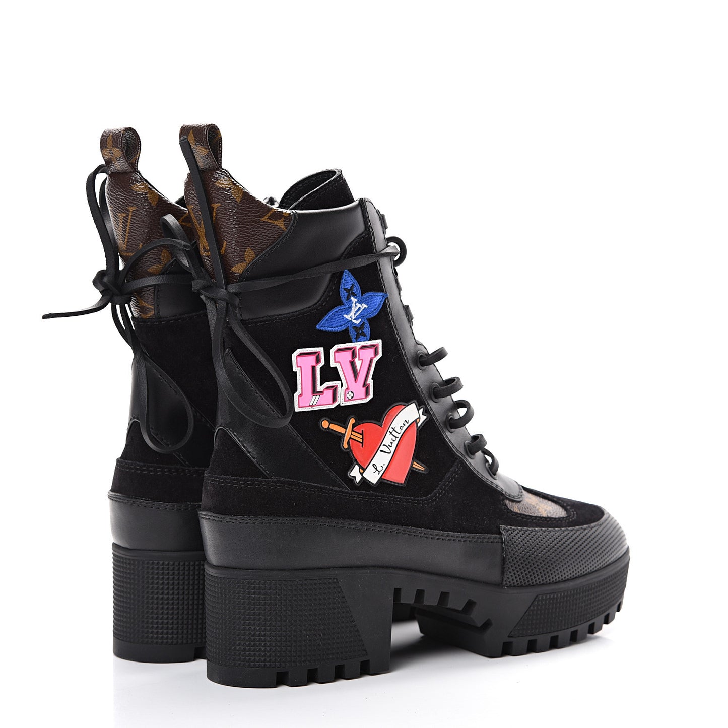 Suede Calfskin Monogram LV Black Heart Laureate Platform Desert Boots 37 Black