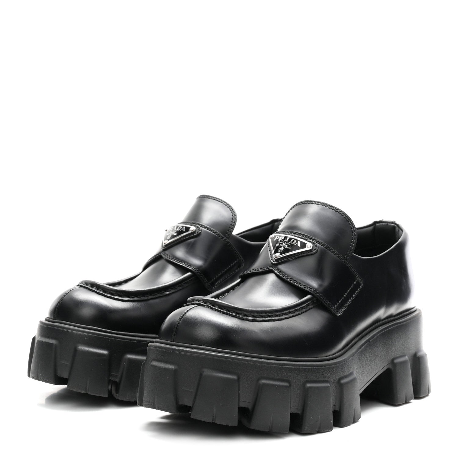 Prada Spazzolato Rois Metal Triangle Logo Monolith 55mm Loafers 37 Black 4 of 9