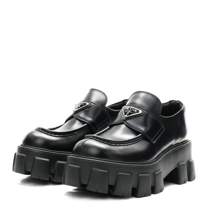 Prada Spazzolato Rois Metal Triangle Logo Monolith 55mm Loafers 37 Black 4 of 9