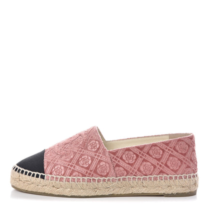 Chanel Velvet Grosgrain Quilted Camellia CC Espadrilles 37 Pink Black 1 of 11