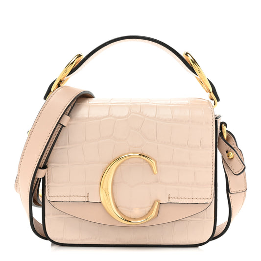 Calfskin Crocodile Embossed Mini C Double Carry Milky Cement Pink