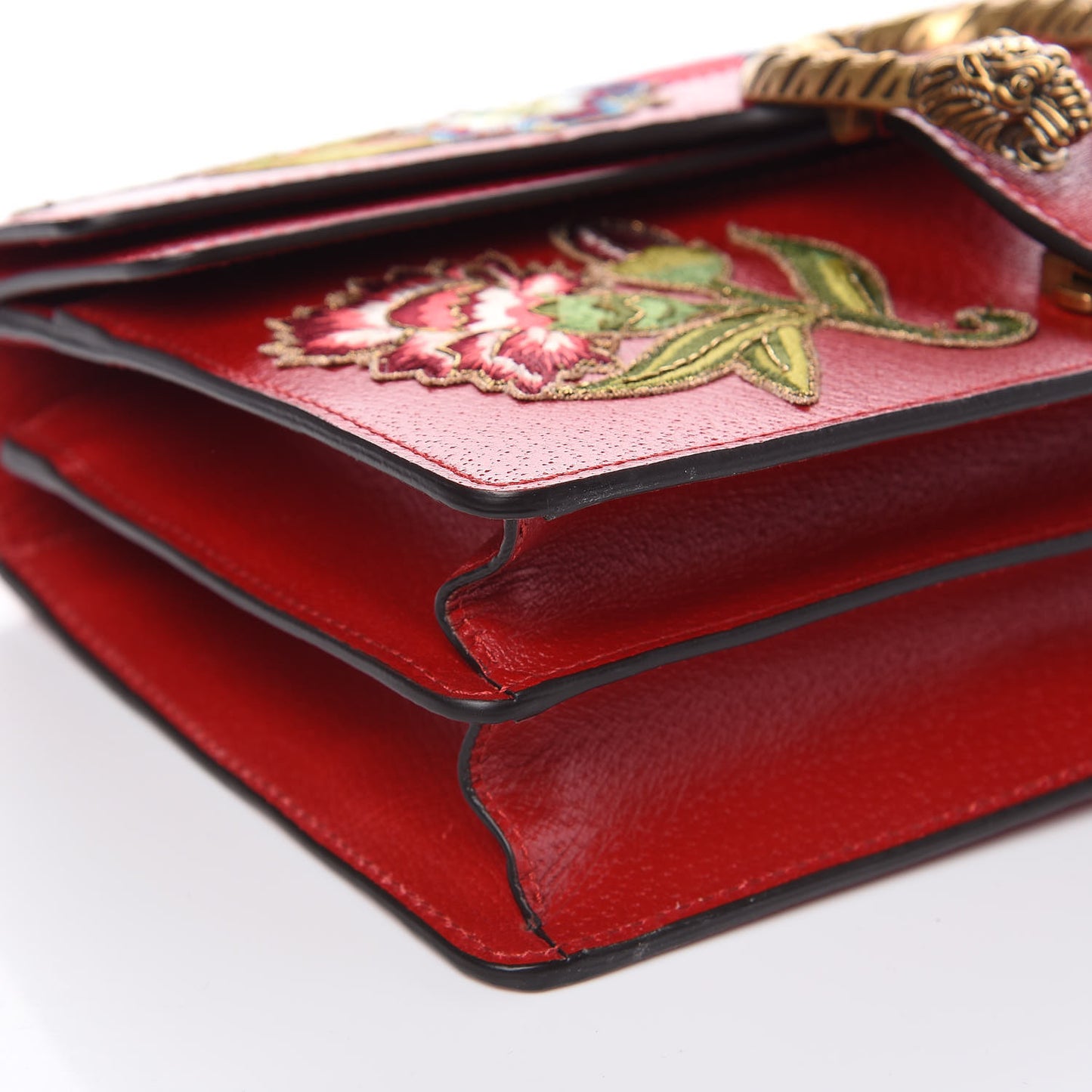 Calfskin Web Floral Embroidered Small Dionysus Shoulder Bag Hibiscus Red