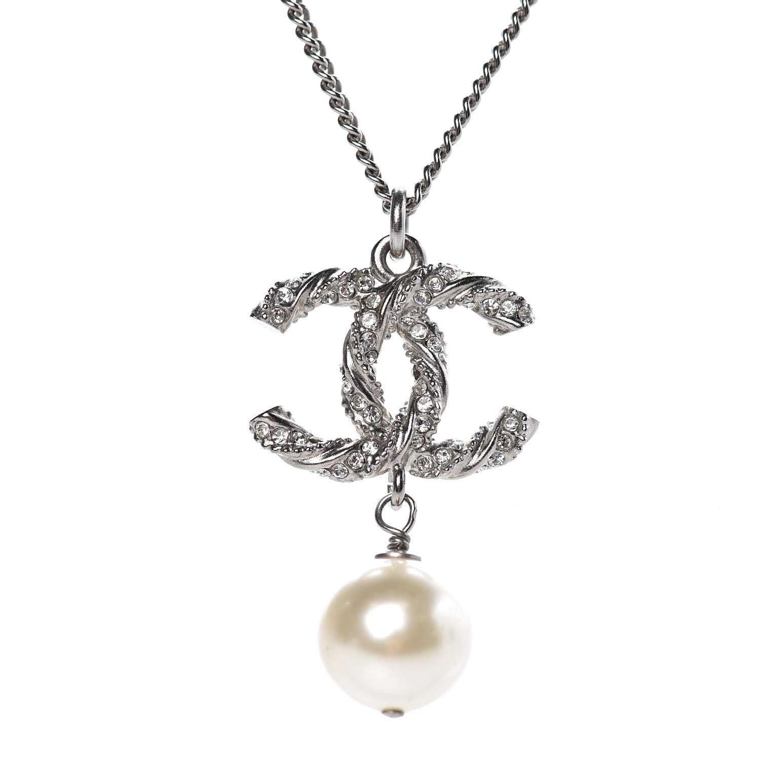 Chanel Pearl Crystal Twisted CC Drop Necklace Silver 4 of 6