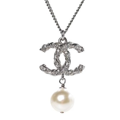 Chanel Pearl Crystal Twisted CC Drop Necklace Silver 4 of 6