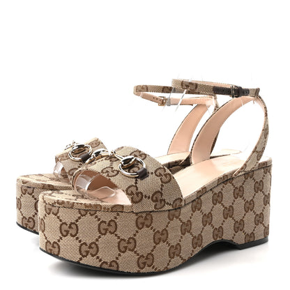 Gucci Monogram Nappa Chalotte Horsebit Ankle Strap 75mm Flatform Sandals 38.5 Beige Ebony 4 of 9