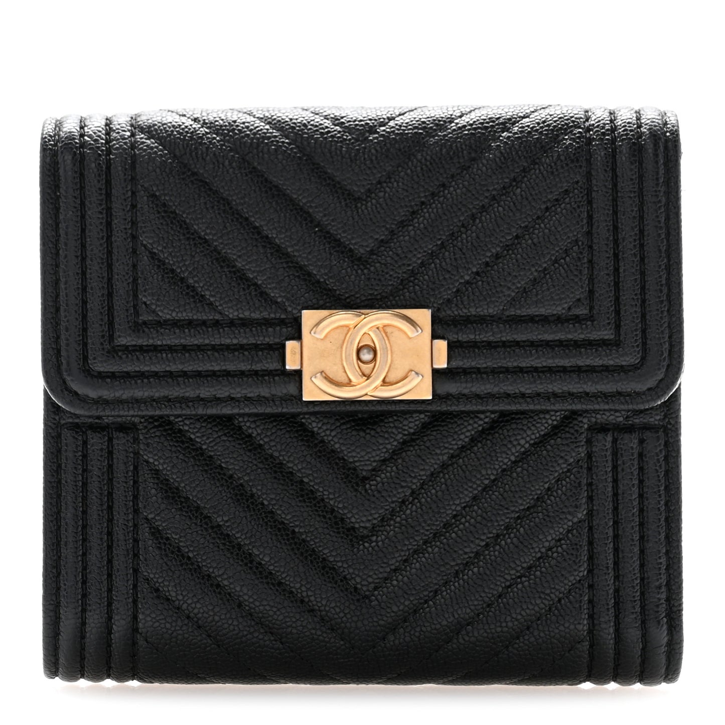 Caviar Chevron Quilted Boy Compact Wallet Black