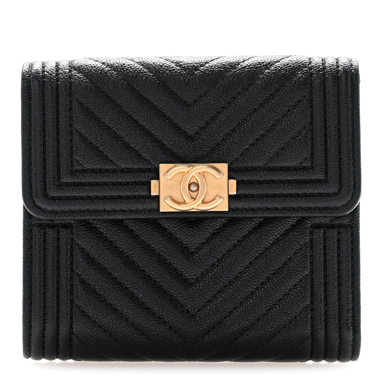 Chanel Caviar Chevron Quilted Boy Compact Wallet Black 1 of 10