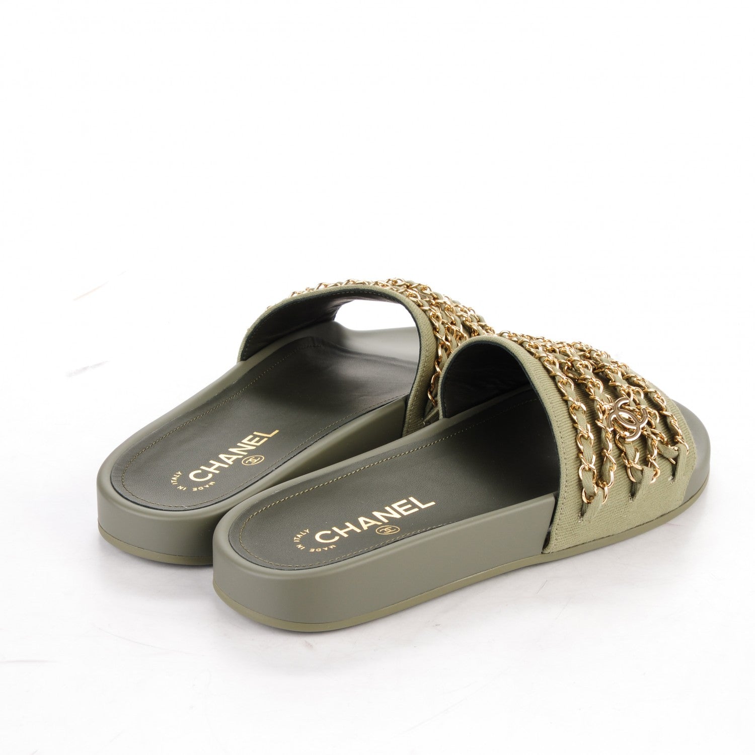 Chanel Lambskin Canvas Chain Flat Sandals 38 Khaki 4 of 7