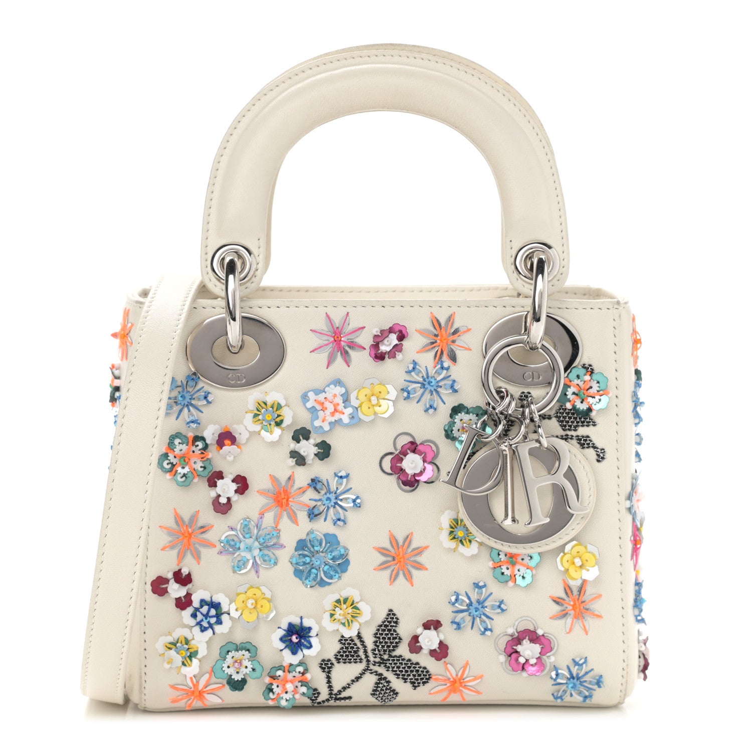 Christian Dior Calfskin Sequin Floral Embroidered Mini Lady Dior White Multicolor 1 of 12