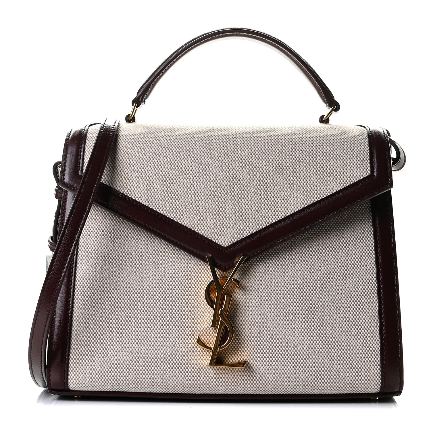 Saint Laurent Canvas Calfskin Medium Classic Monogram Cassandra Top Handle Natural Dark Legion Red 1 of 10