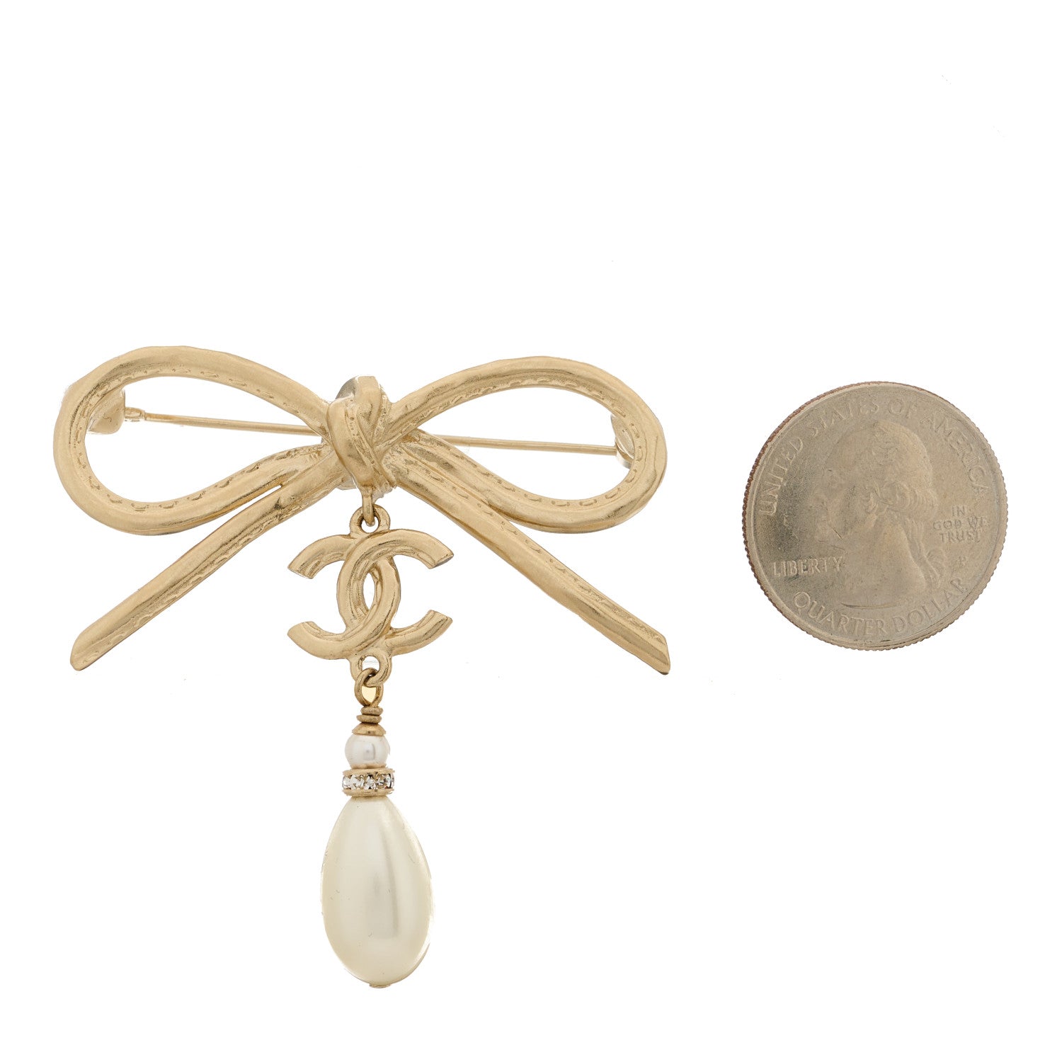 Chanel Pearl Crystal CC Bow Drop Brooch Gold 2 of 5