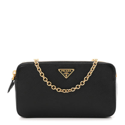 Prada Saffiano Triangle Mini Double Zip Chain Crossbody Bag Black 1 of 10