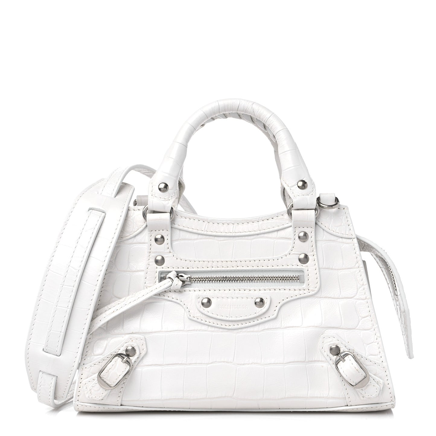 Extra Supple Calfskin Crocodile Embossed Neo Classic Silver Hardware Mini City White