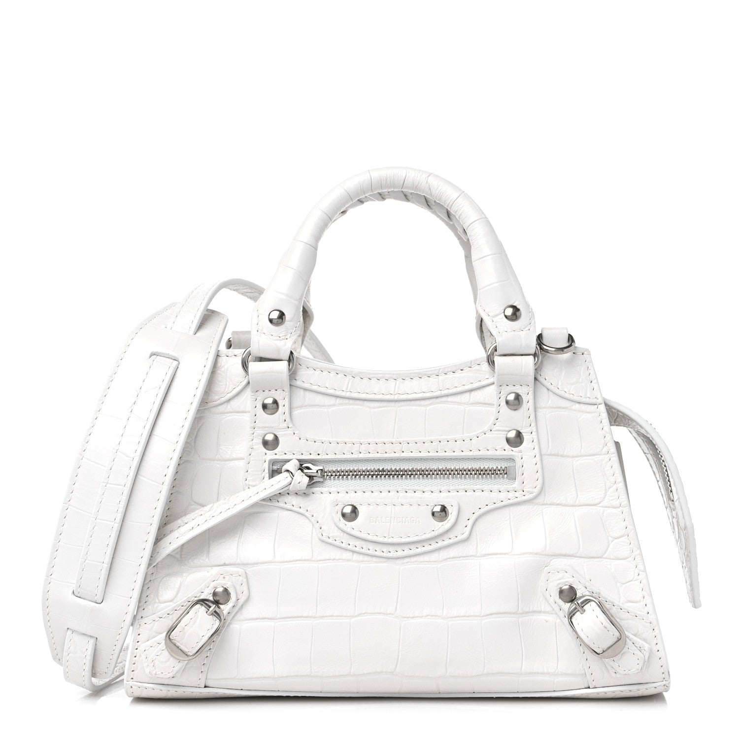 Balenciaga Extra Supple Calfskin Crocodile Embossed Neo Classic Silver Hardware Mini City White 1 of 9