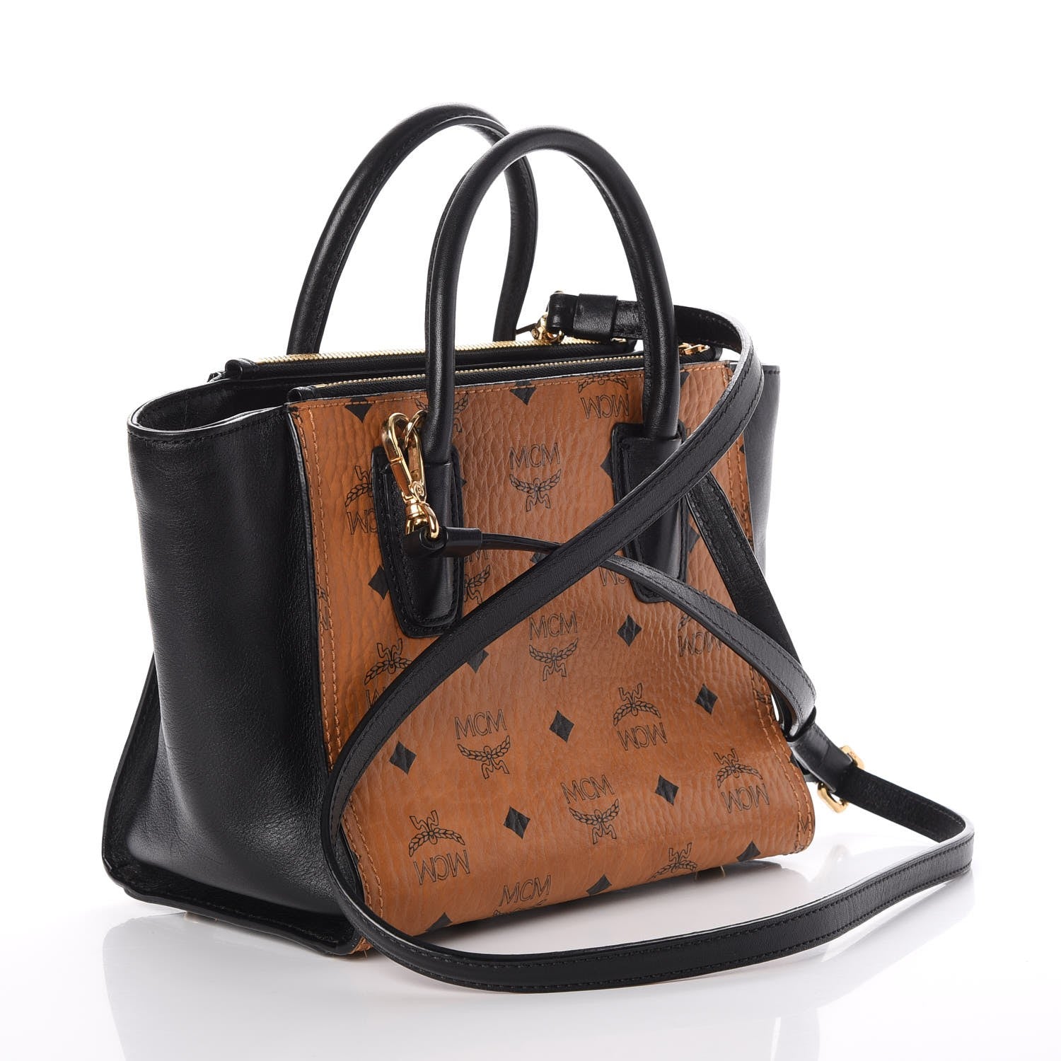 MCM Visetos Small Kathy Double Zip Tote Cognac Black 4 of 20