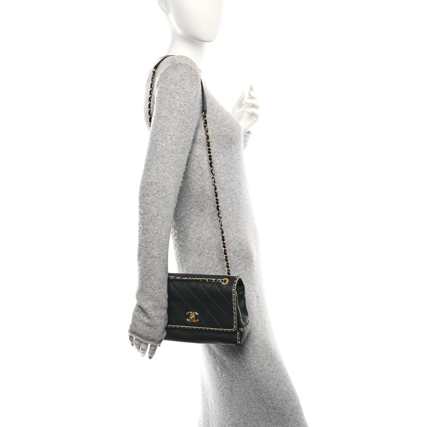 Calfskin Stitched Chain Flap Black