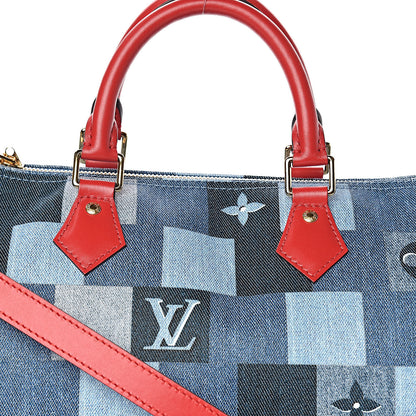 Louis Vuitton Denim Damier Monogram Patchwork Speedy Bandouliere 30 Blue Rouge 9 of 9