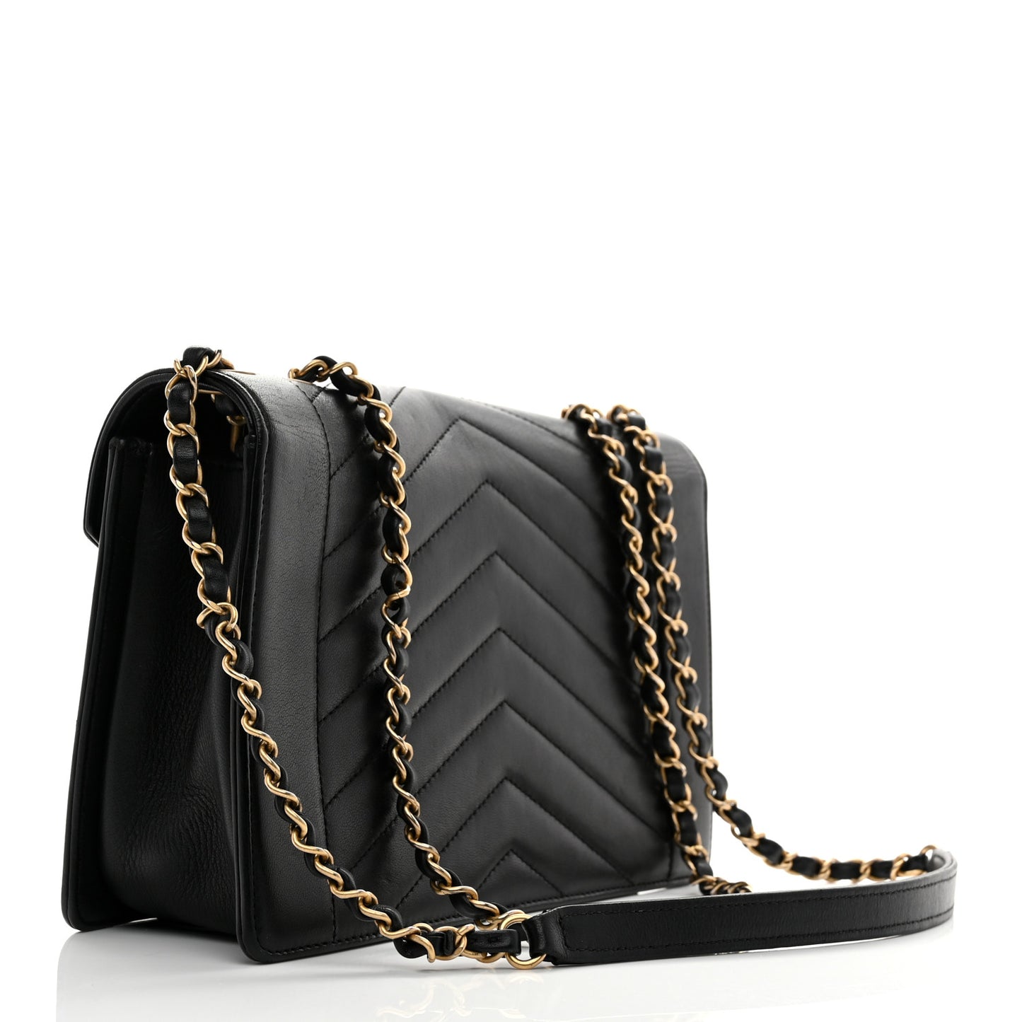 Lambskin Reversed Chevron Quilted Flap Black
