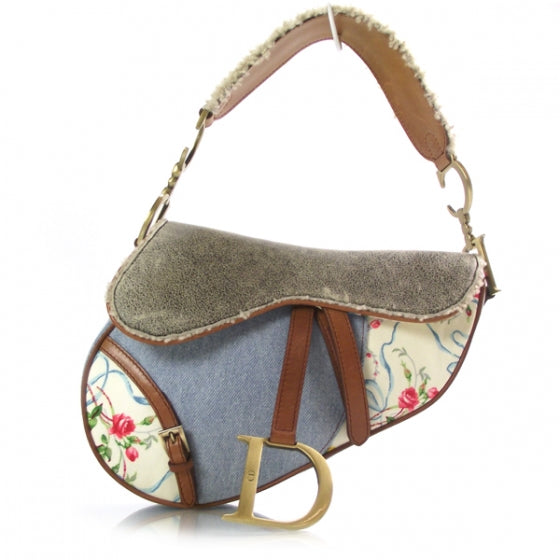 Christian Dior Denim Shearling Floral Saddle Bag 1 of 10