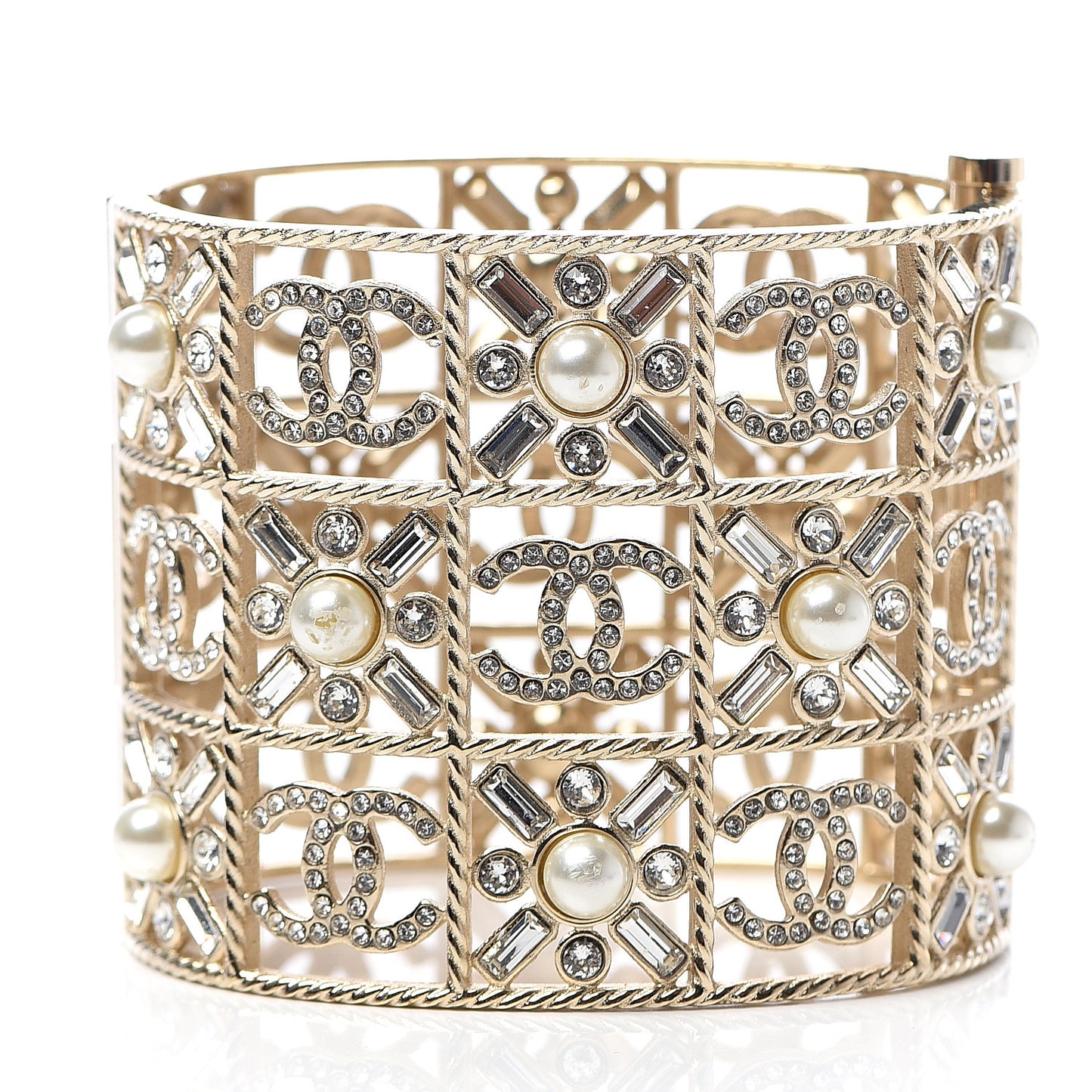 Crystal Pearl CC Cuff Bracelet Gold