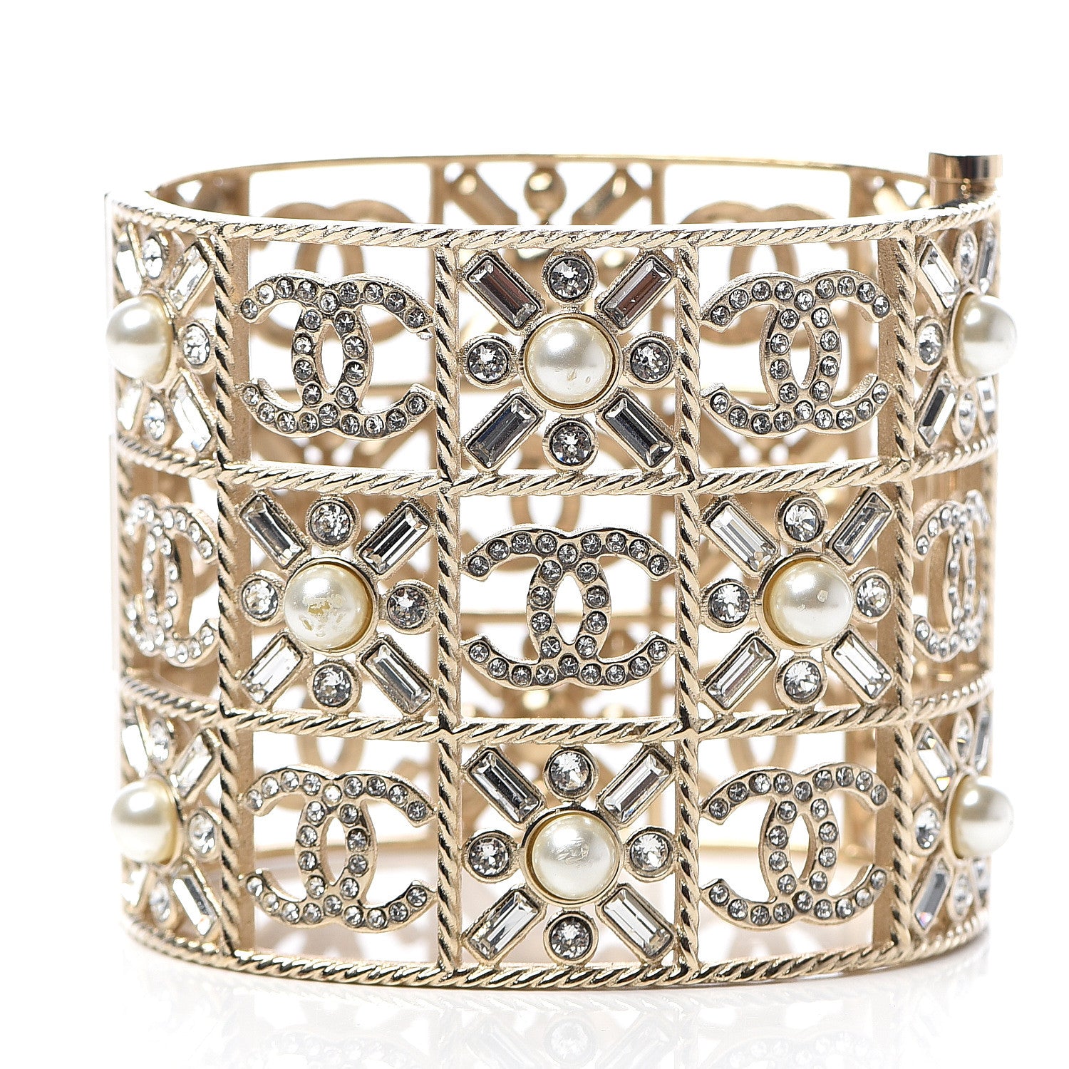 Chanel Crystal Pearl CC Cuff Bracelet Gold 2 of 5