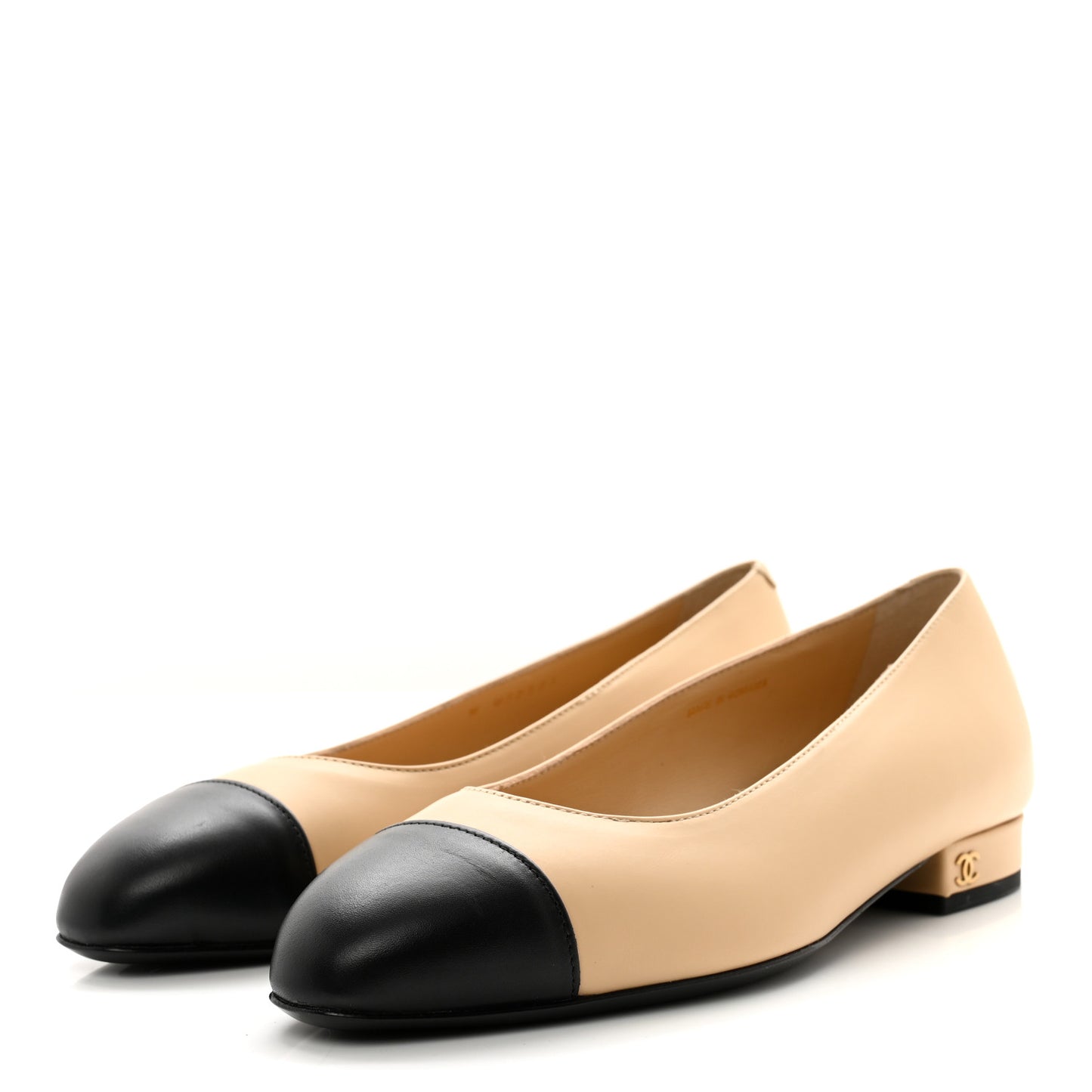 Lambskin Cap Toe CC Uniform Ballerina Flats 36 Beige Black