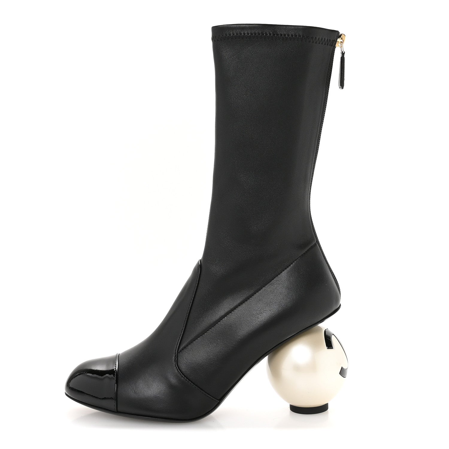 Chanel Stretch Lambskin Patent Cap Toe Pearl Ball Mid Calf Boots 38 Black 1 of 9