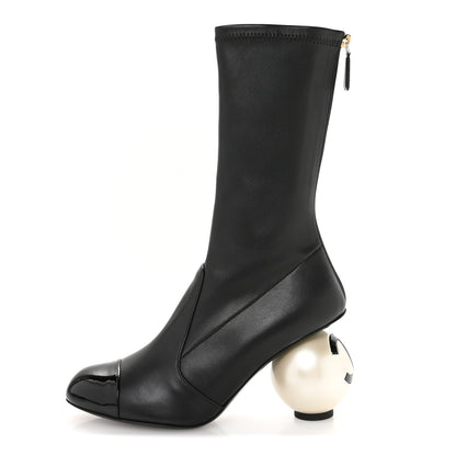 Chanel Stretch Lambskin Patent Cap Toe Pearl Ball Mid Calf Boots 38 Black 1 of 9