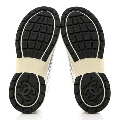 Chanel Fabric Laminated Calfskin Stretch CC Sneakers 38.5 White Silver 5 of 9