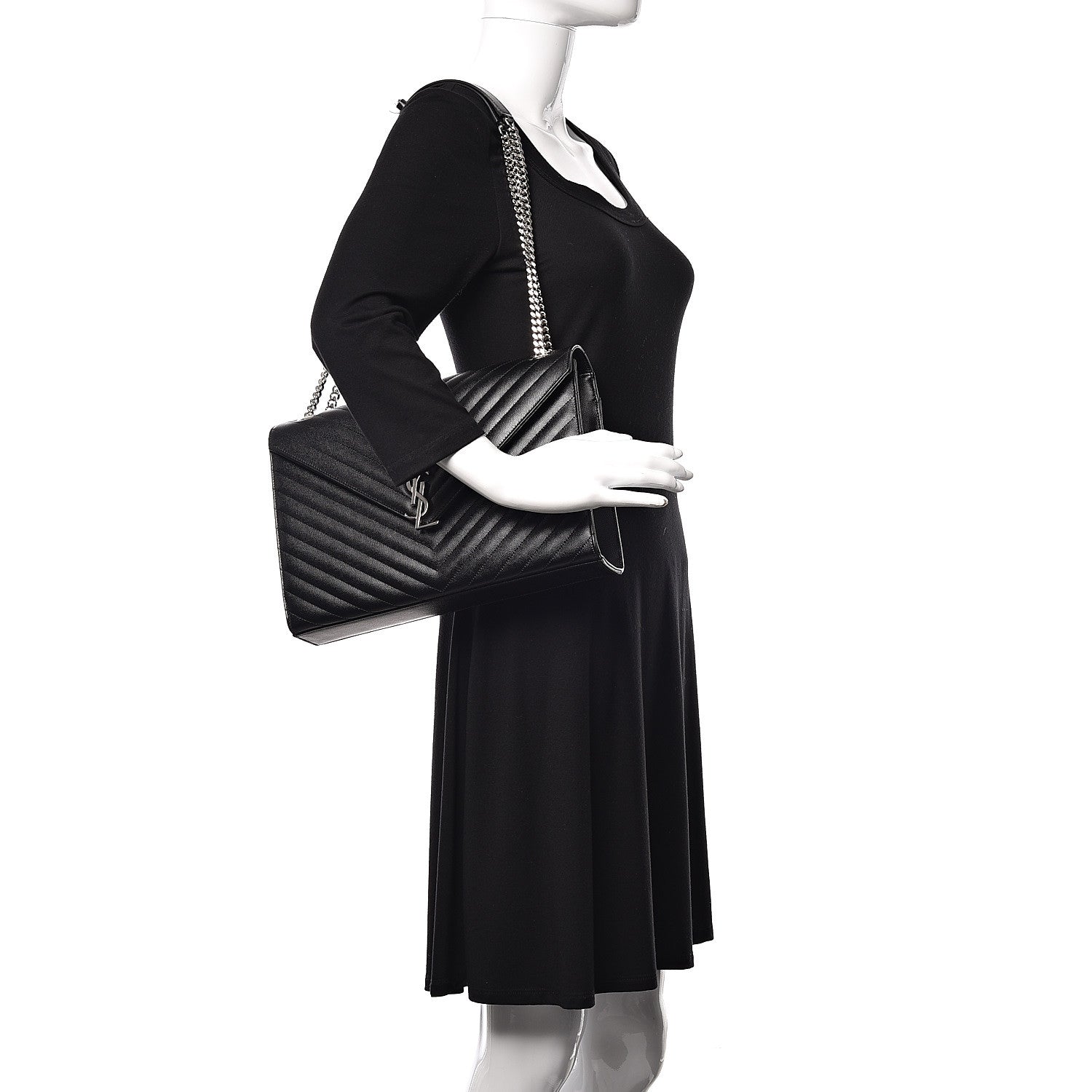 Saint Laurent Grain De Poudre Matelasse Chevron Large Monogram Satchel Black 2 of 9