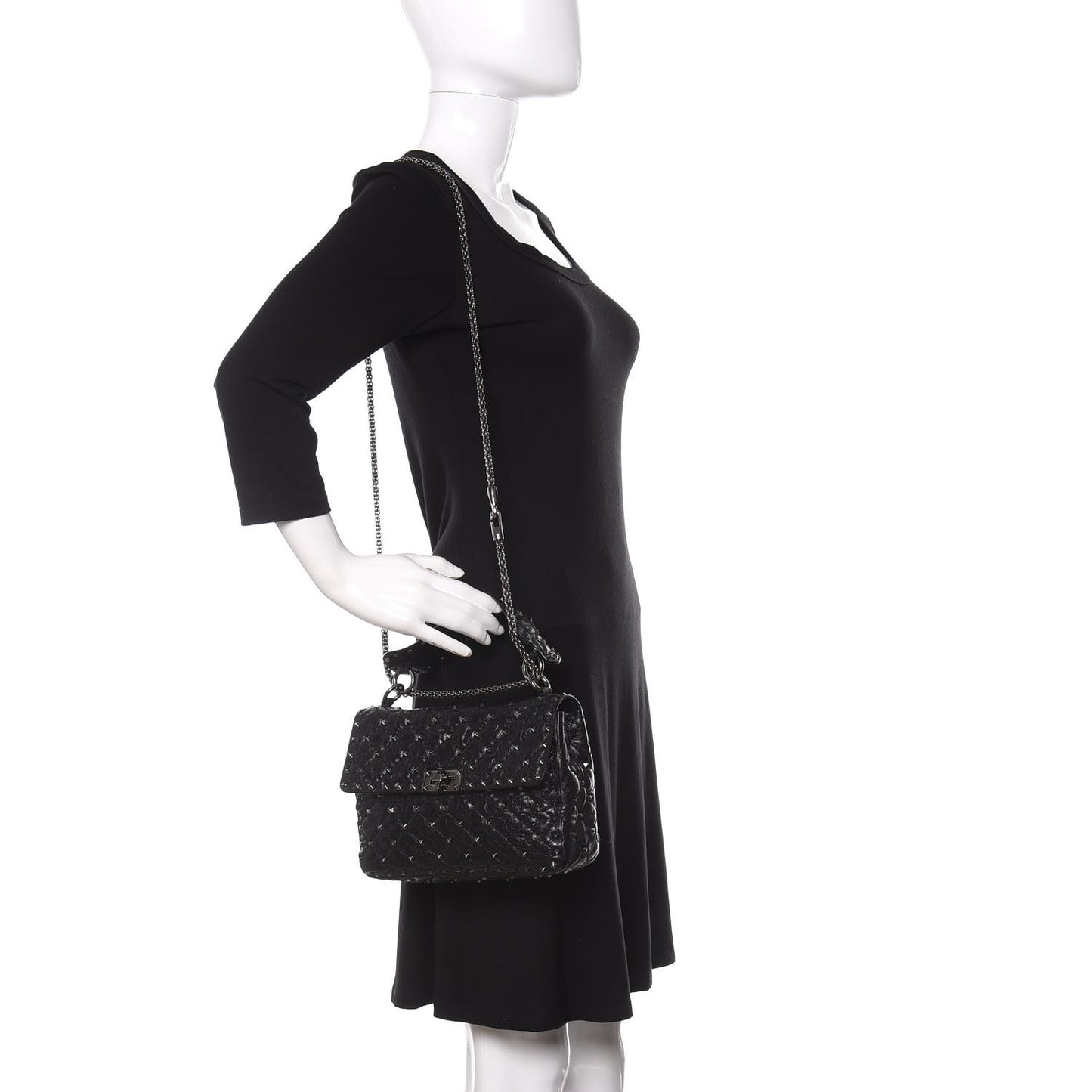 Craquele Nappa Medium Rockstud Spike Shoulder Bag Black
