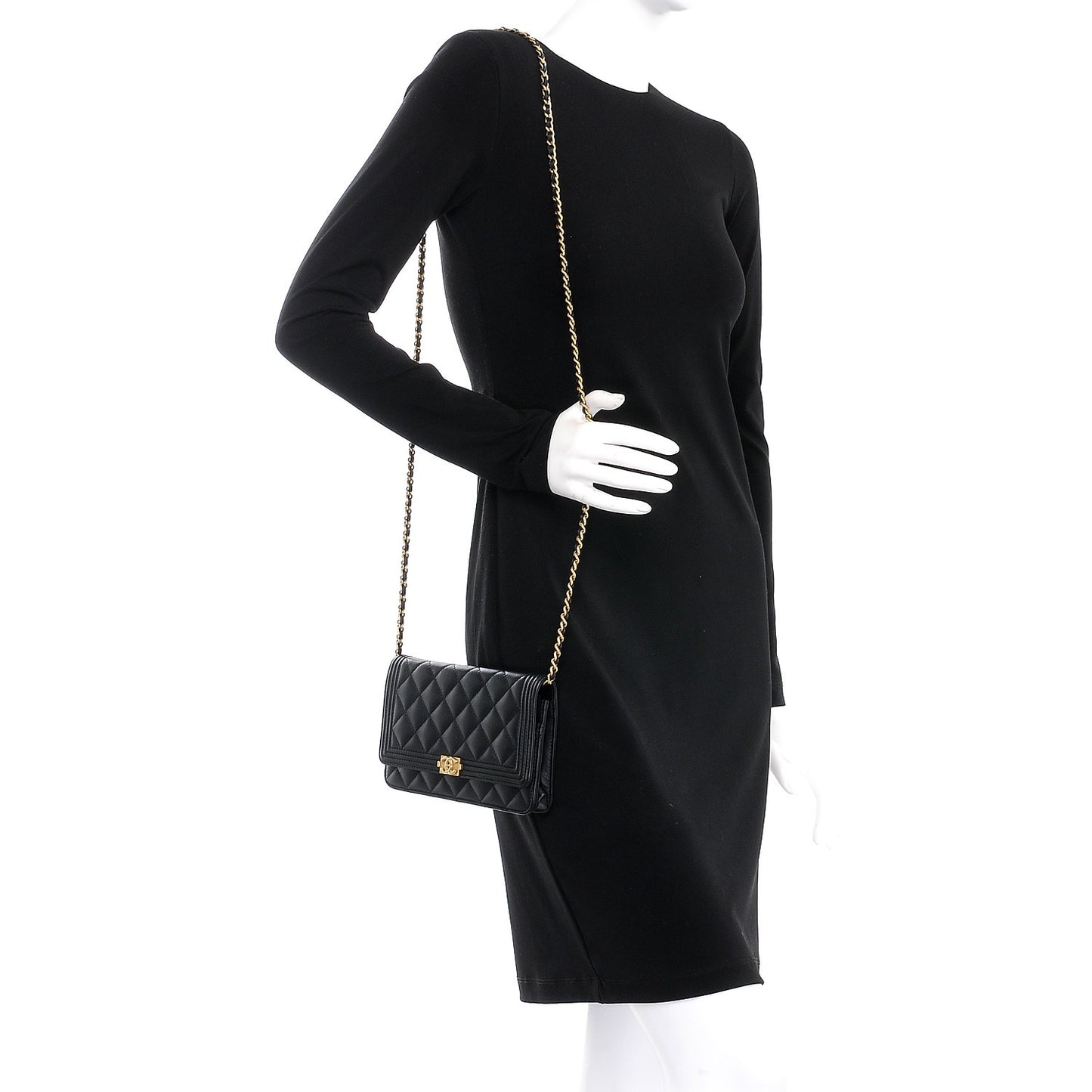 Calfskin Quilted Boy Wallet On Chain WOC Black