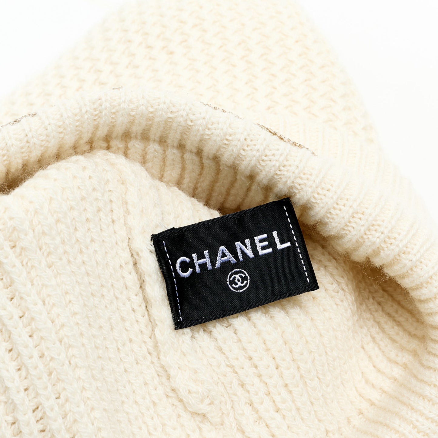 Cashmere Sequin Logo Beanie Hat Ivory Gold