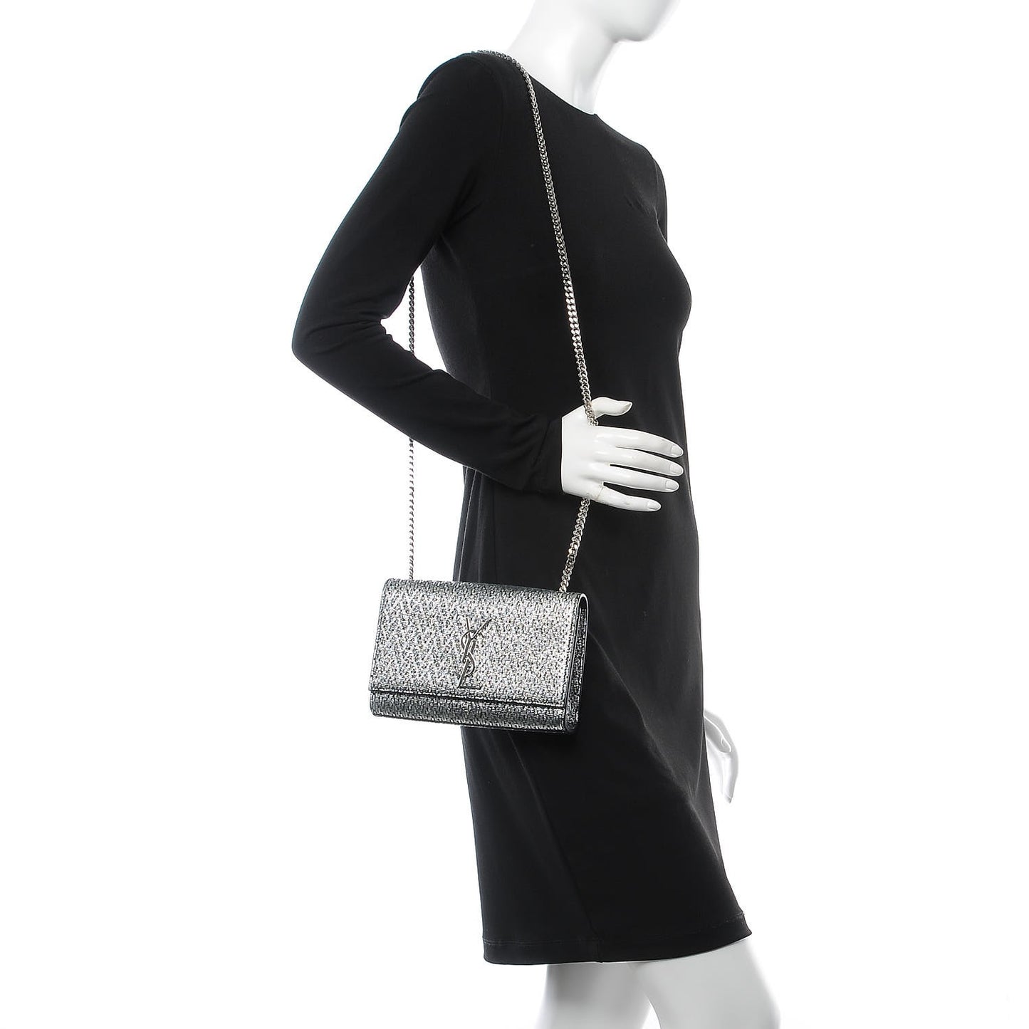 Metallic Calfskin Chevron Small Monogram Kate Satchel Black Argento
