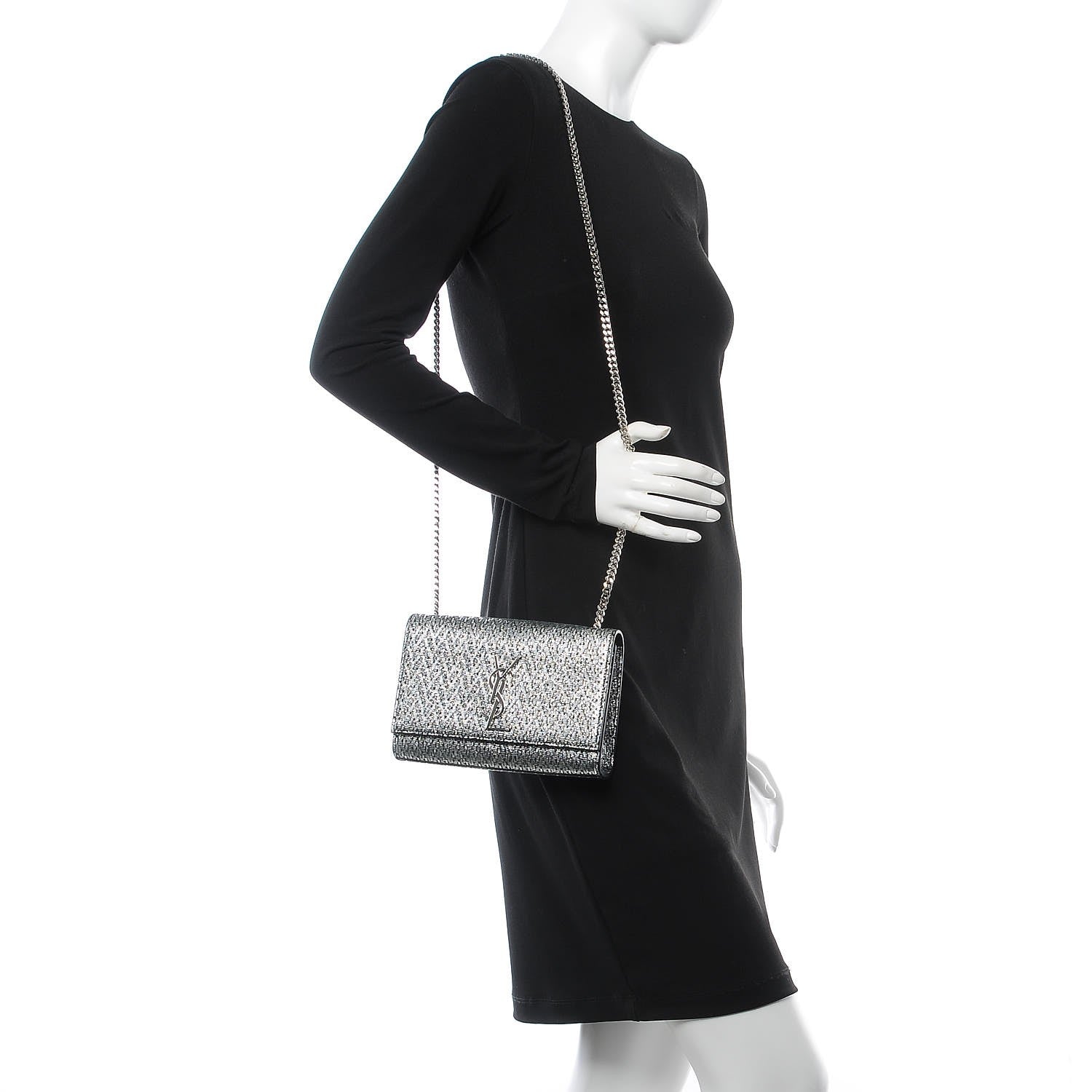Saint Laurent Metallic Calfskin Chevron Small Monogram Kate Satchel Black Argento 2 of 6