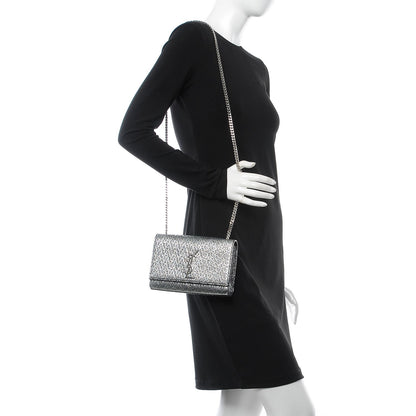 Saint Laurent Metallic Calfskin Chevron Small Monogram Kate Satchel Black Argento 2 of 6