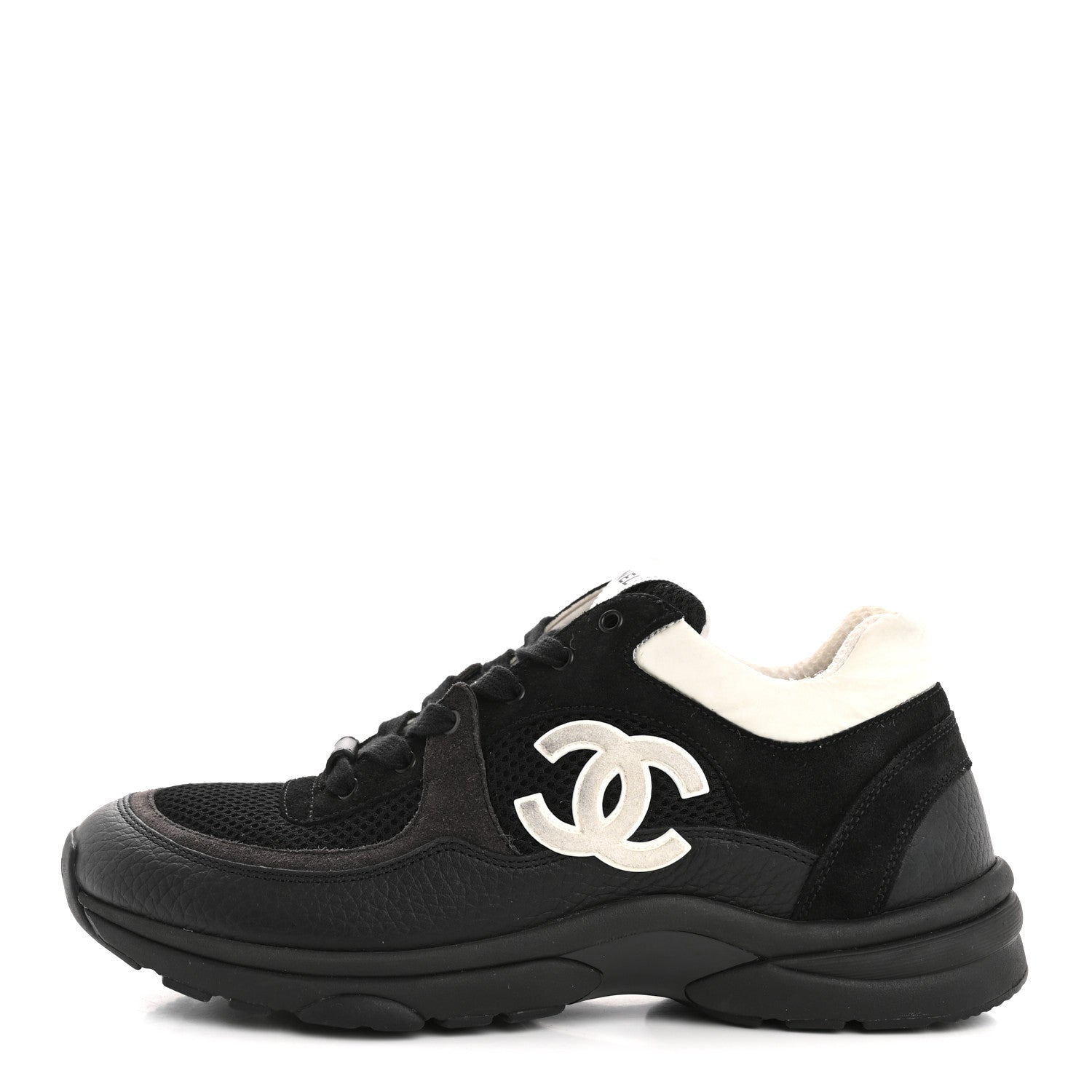 Chanel Mesh Suede Grained Calfskin Womens CC Sneakers 39.5 Black White 1 of 13
