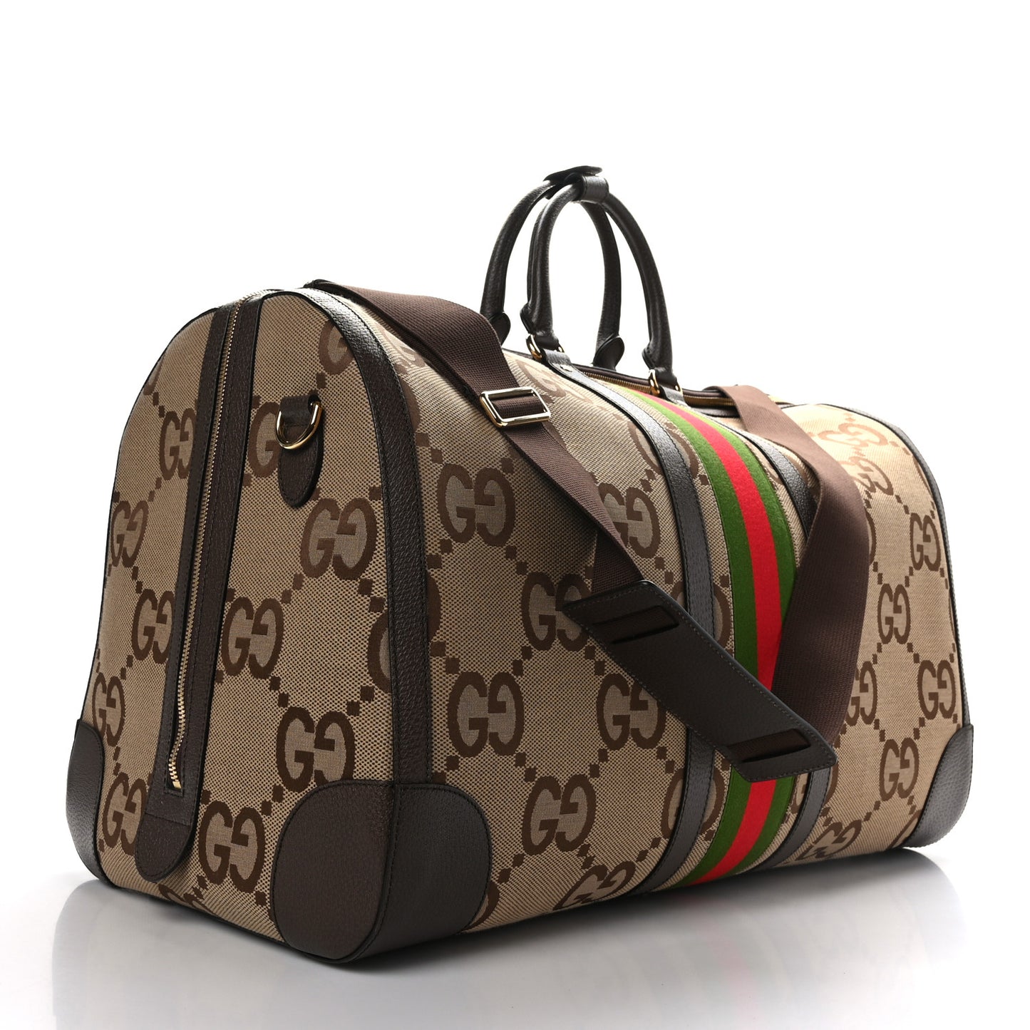 Monogram Jumbo GG Textured Dollar Calfskin Web Maxi Duffle Bag Camel Ebony
