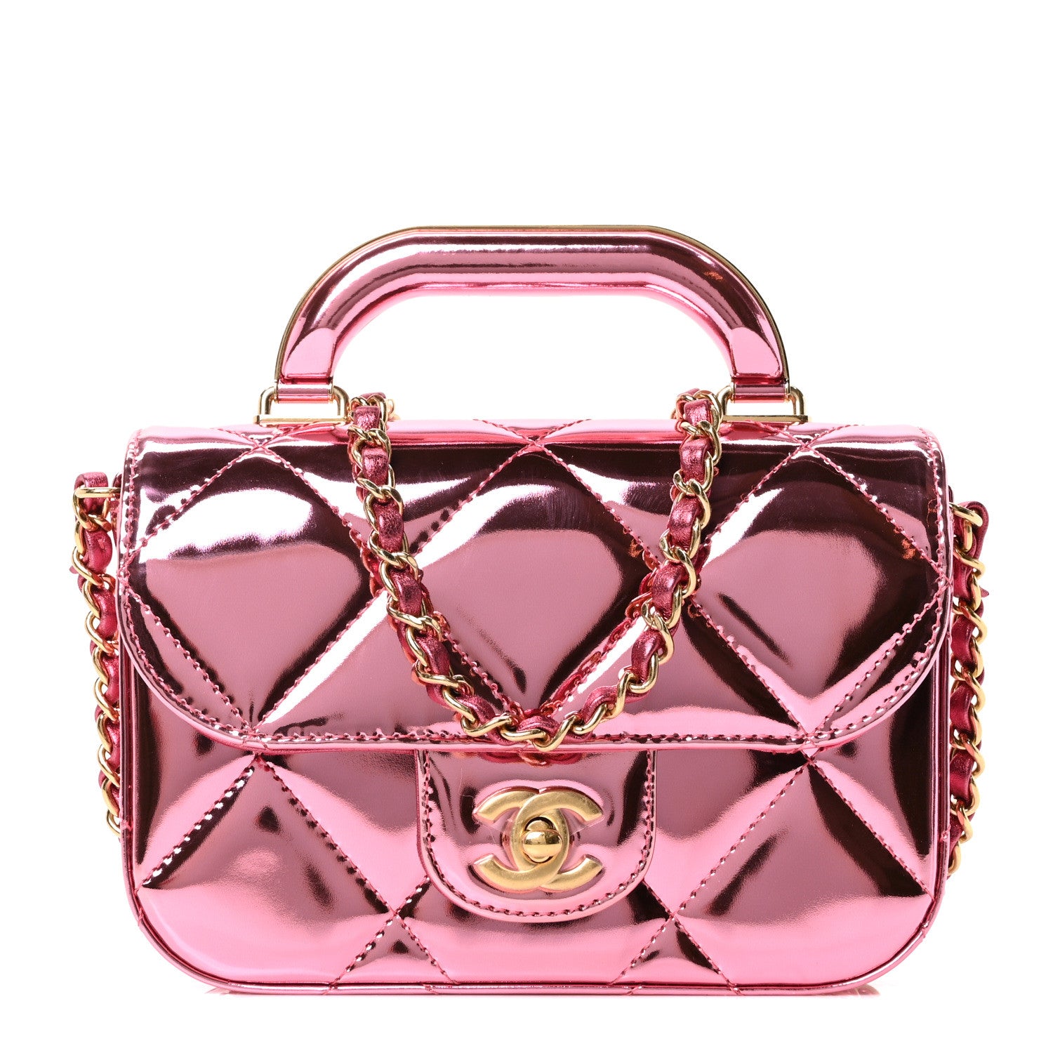 Chanel Mirror Metallic Calfskin Quilted Mini Top Handle Flap Pink