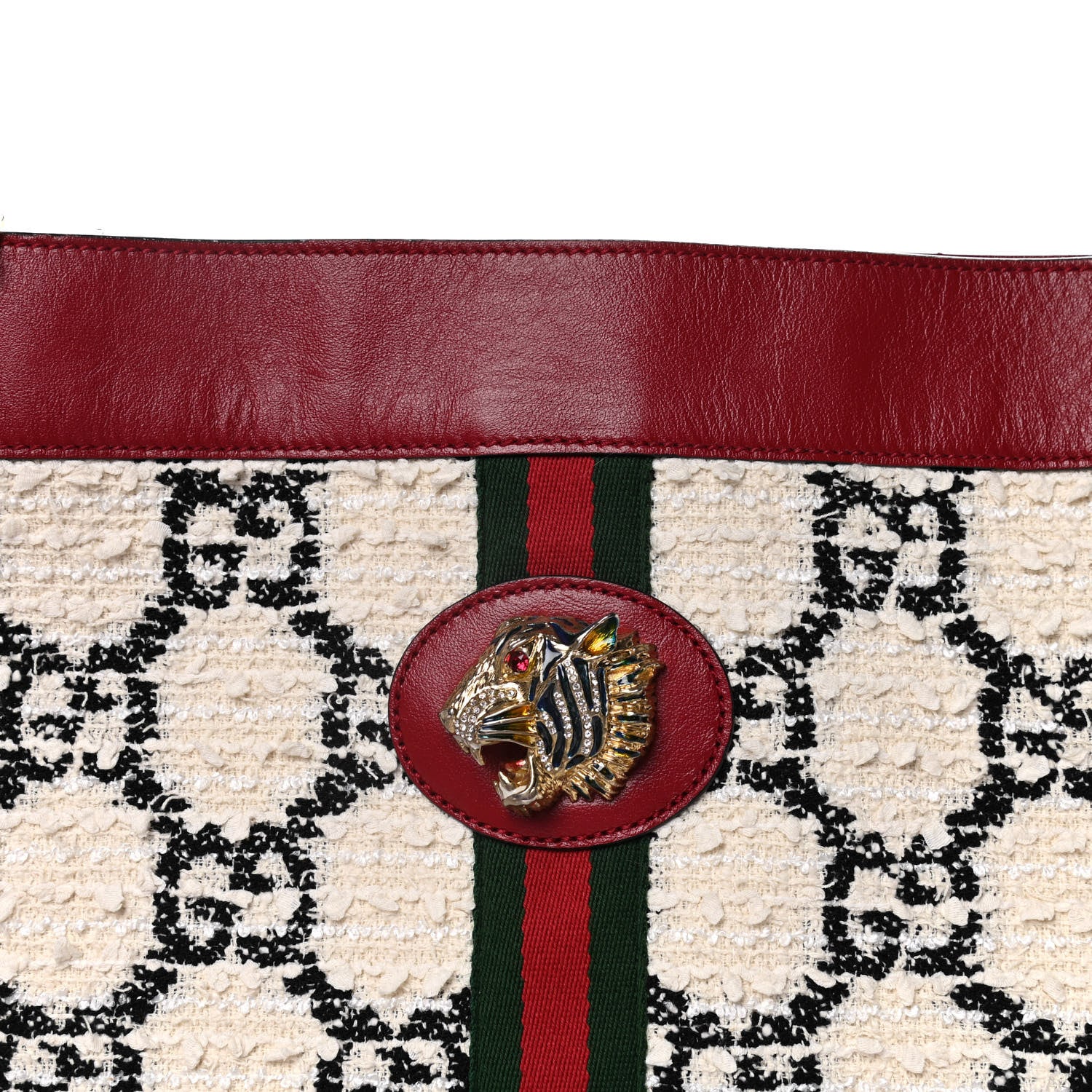 Gucci Tweed GG Monogram Large Rajah Chain Tote White Black Romantic Cherry 12 of 17