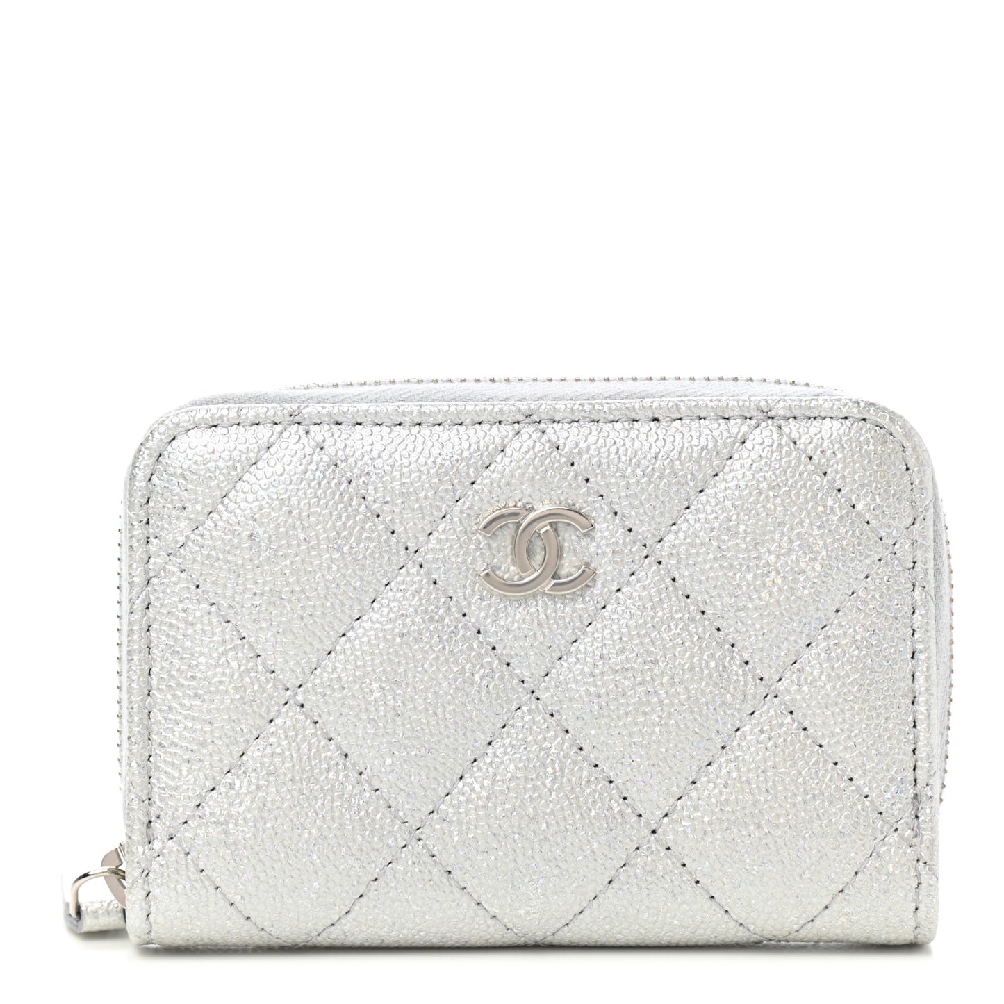 Glittered Metallic Caviar Quilted Zip Coin Purse Wallet Silver