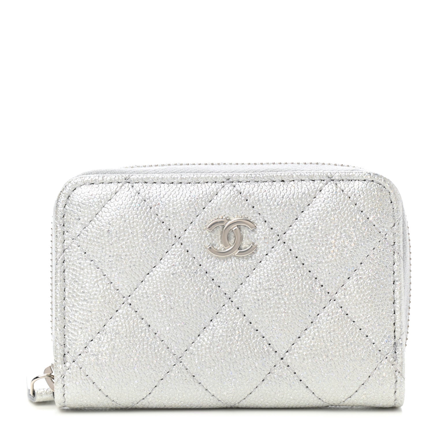 Chanel Glittered Metallic Caviar Quilted Zip Coin Purse Wallet Silver 1 of 8