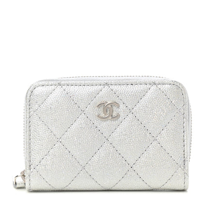 Chanel Glittered Metallic Caviar Quilted Zip Coin Purse Wallet Silver 1 of 8