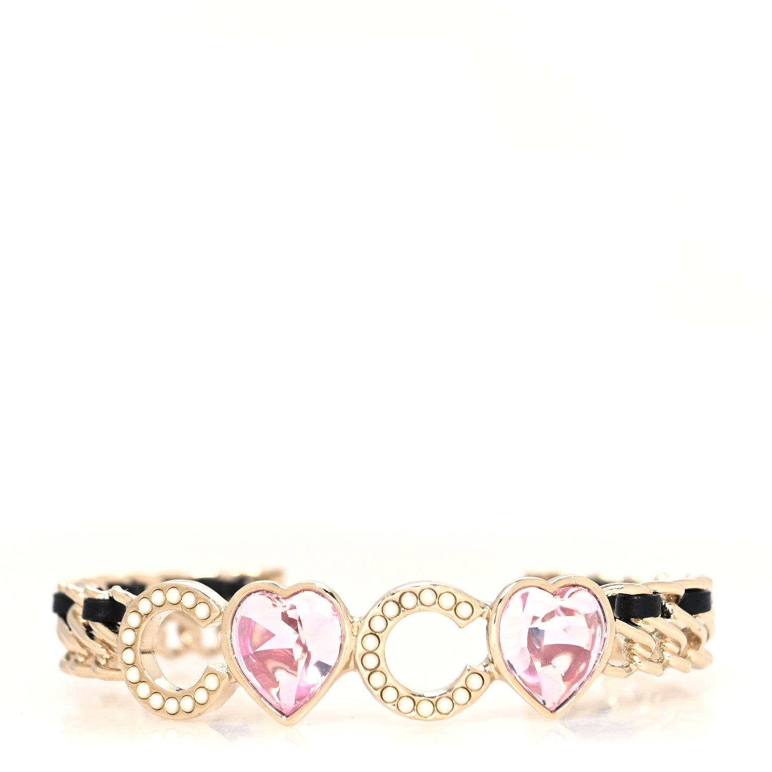 Chanel Crystal Pearl Coco Heart Chain Cuff Bracelet S Pink 1 of 5