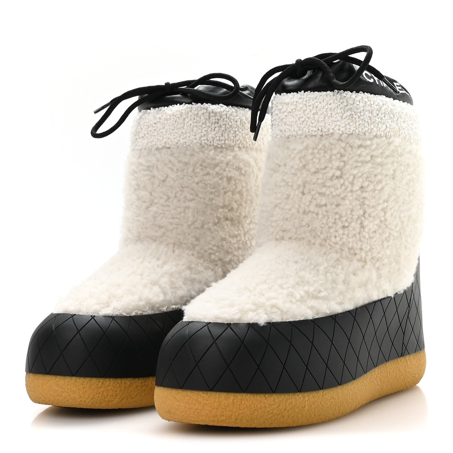 Tweed Shearling Sheepskin Drawstring Snow Ankle Boots 36 White