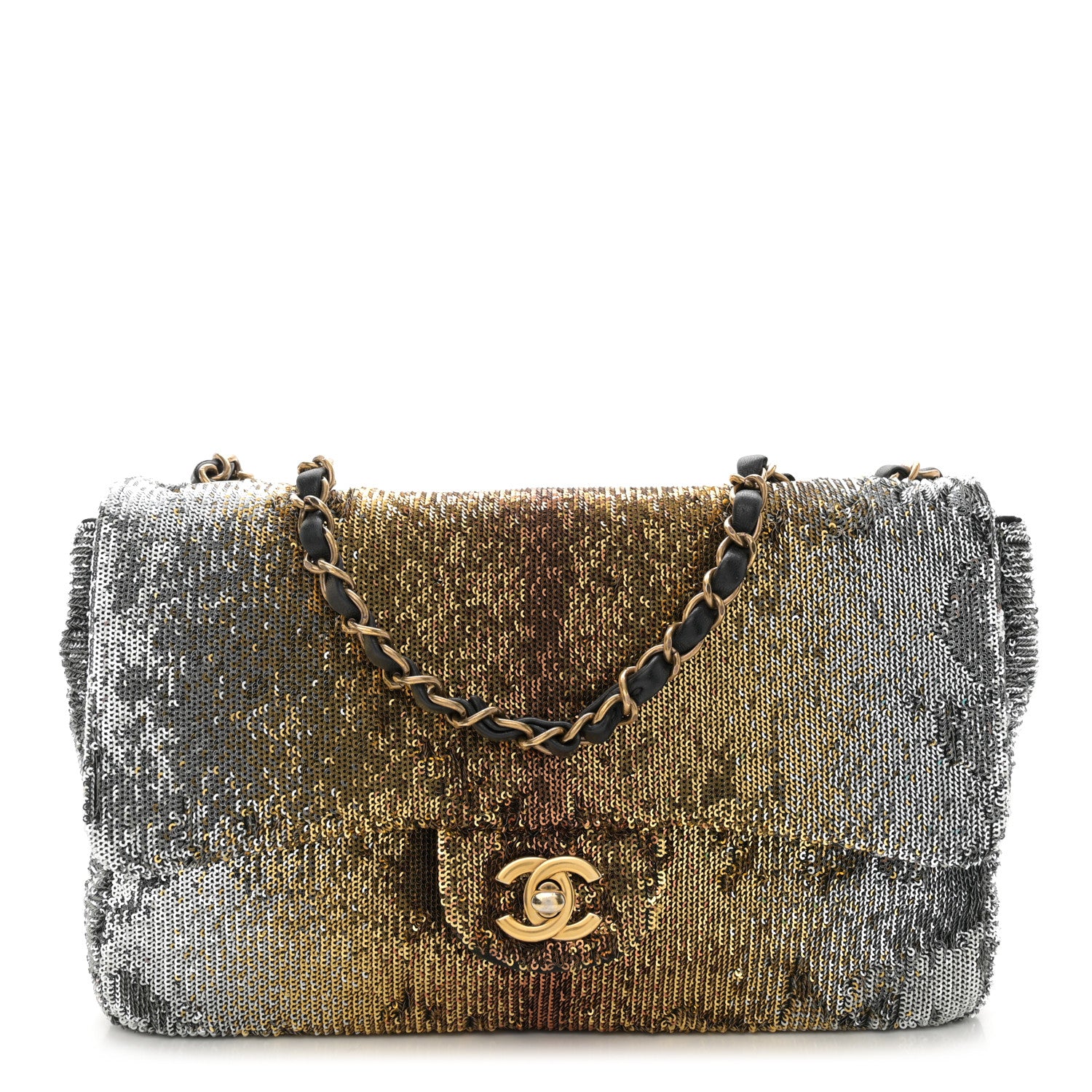 Chanel Sequin Medium Single Flap Silver Gold 1 of 10