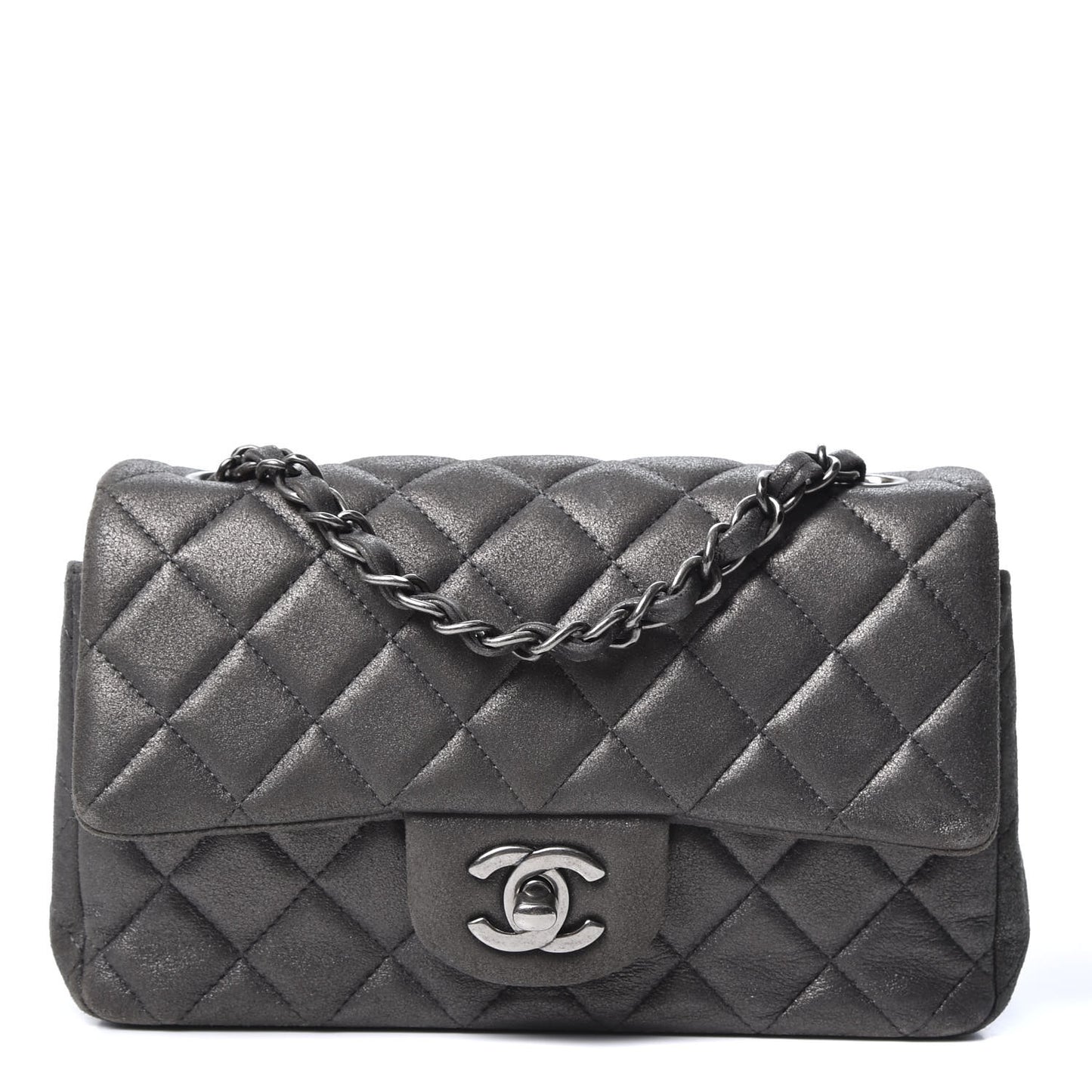 Iridescent Calfskin Quilted Mini Rectangular Flap Charcoal Grey