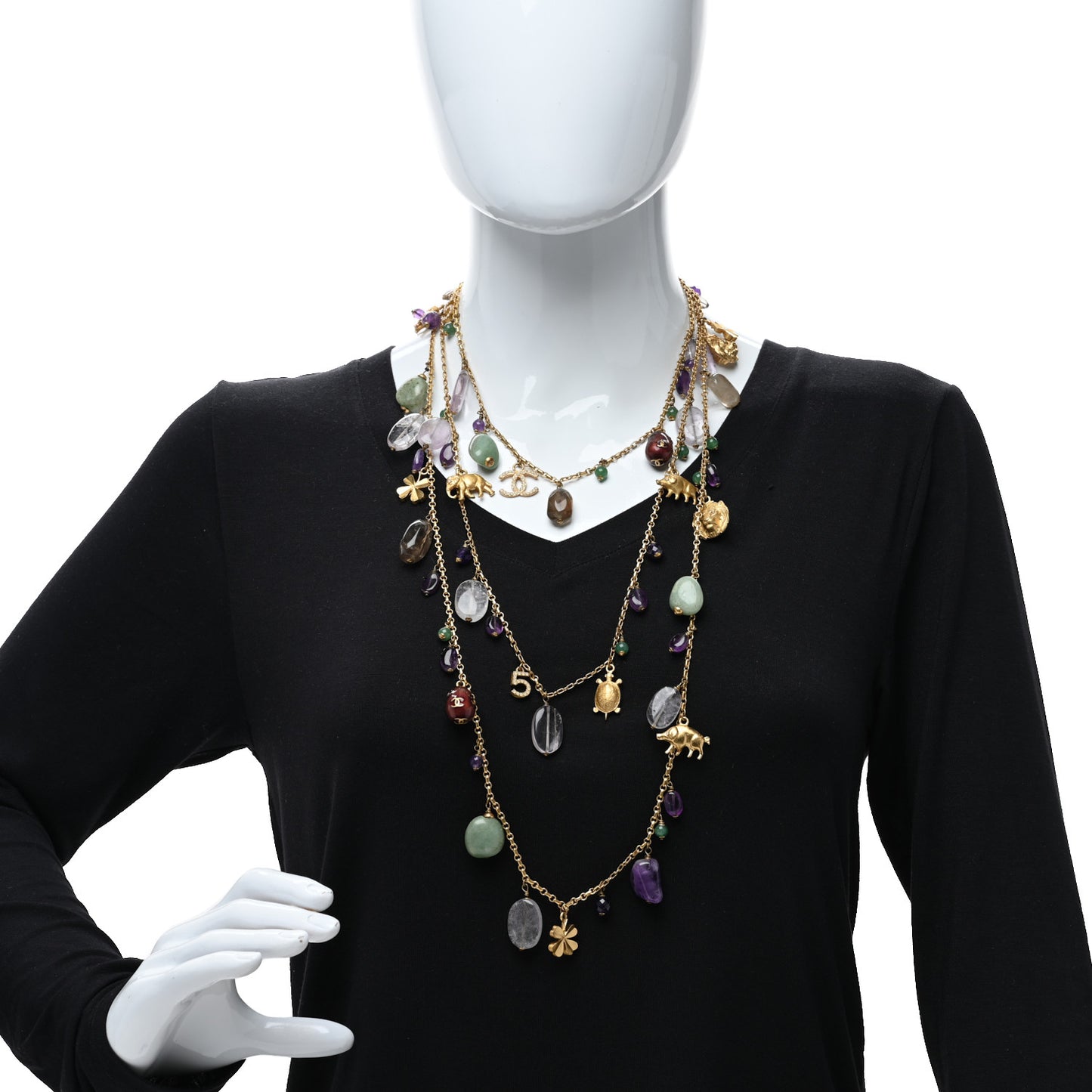 Pearl Beaded CC Multi Strand Animal Charm Necklace Gold Multicolor