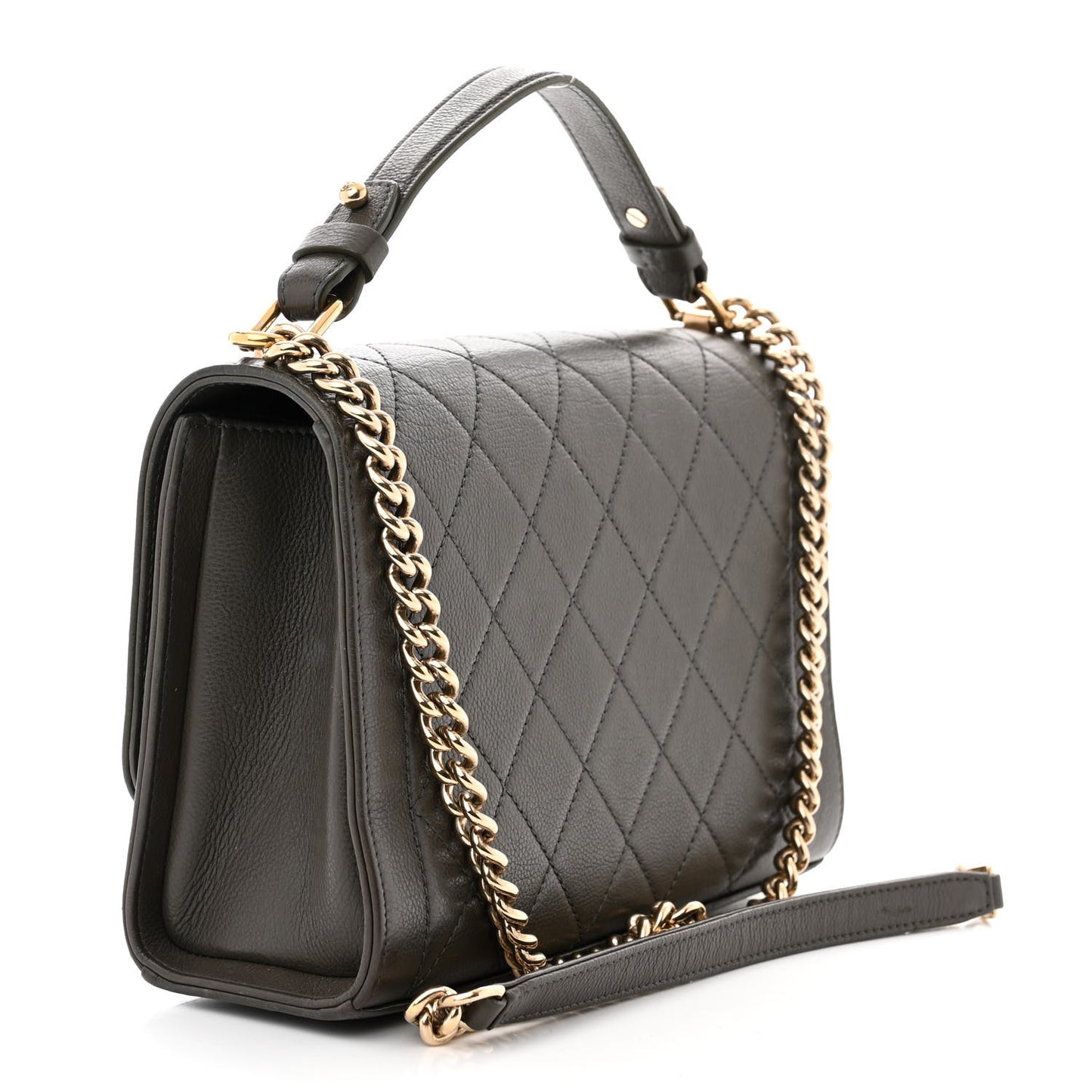 Grained Calfskin Quilted Medium Label Click Flap Bag Khaki