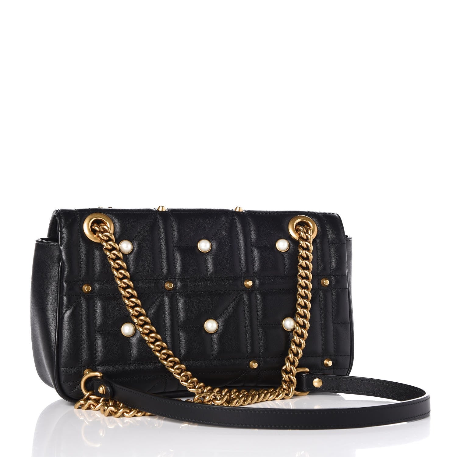 Gucci Calfskin Matelasse Studded Small Pearly GG Marmont Shoulder Bag Black 3 of 7